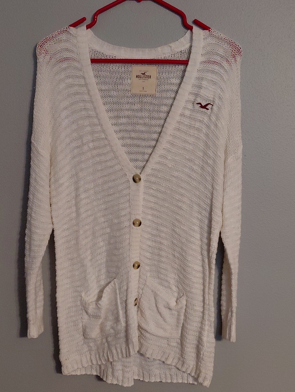 Hollister Women's Cream Open-Knit Button Cardigan with Pockets